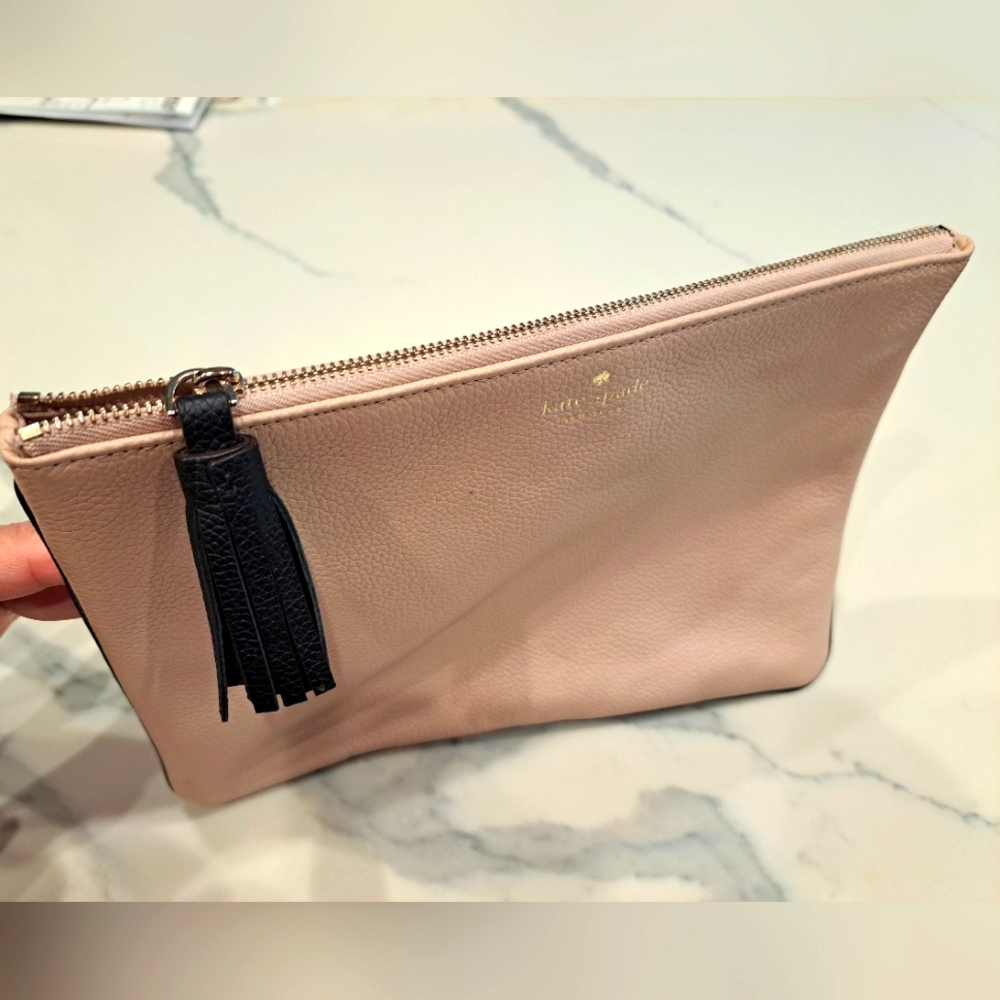 Kate Spade Leather Clutch Black Tassel On ZIPPER Multi Purpose Case